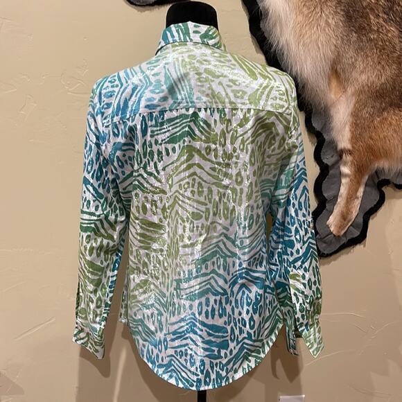 Ruby Red 8 Ombre Green Blue Button Down Top Classic Casual Animal Leaf Print - Picture 3 of 4